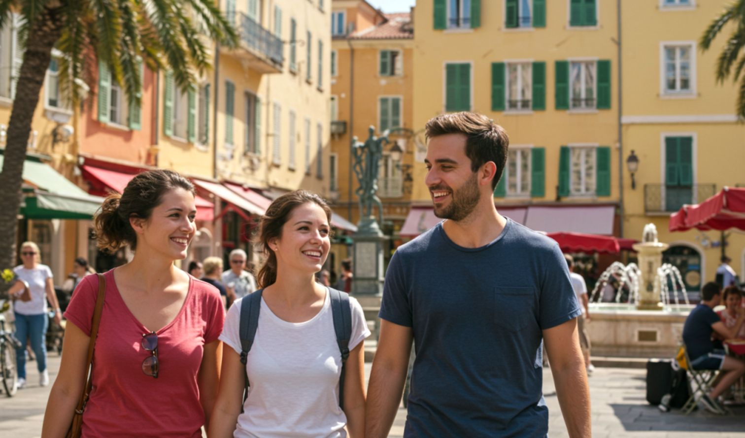 Group of three people walking in a plaza with yellow buildings in Nice, France.