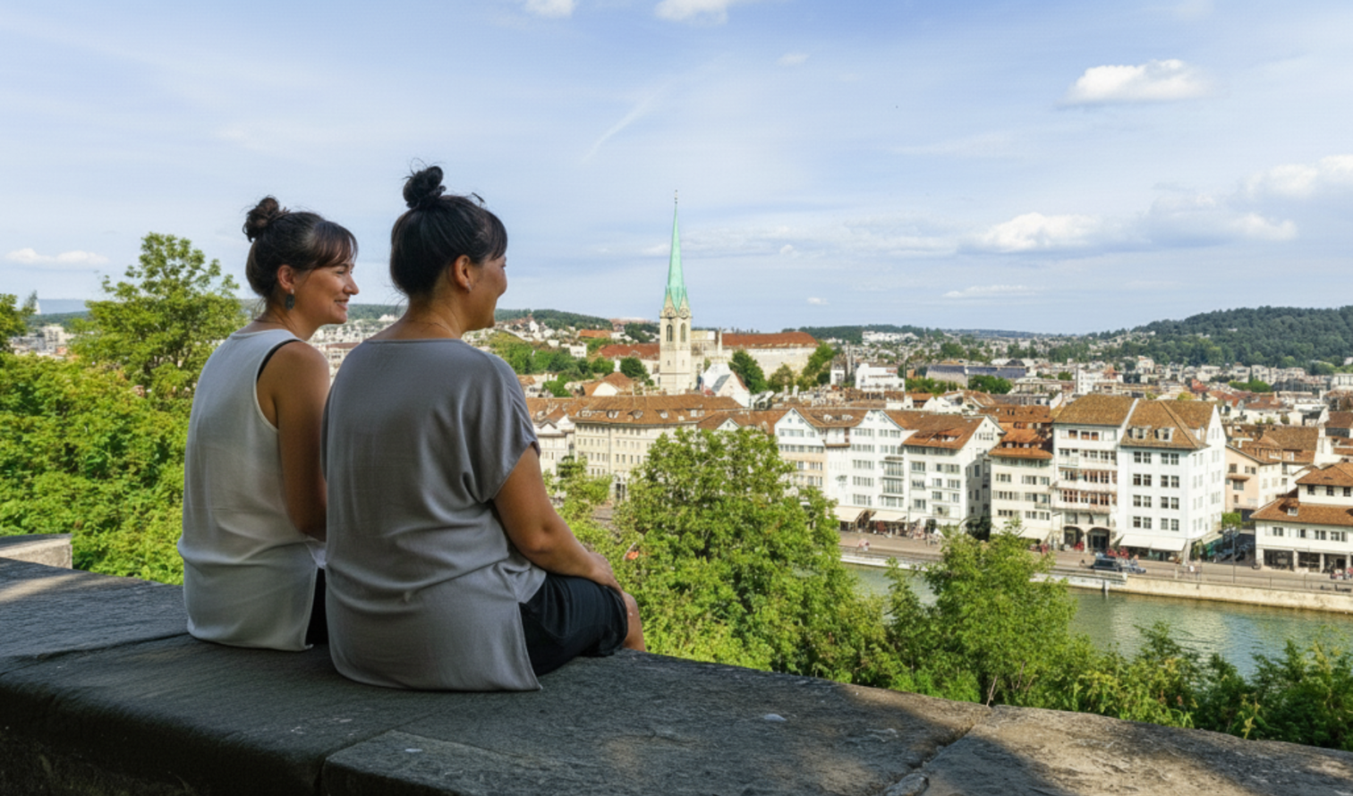 Two people sitting on a wall overlooking Zurich cityscape.