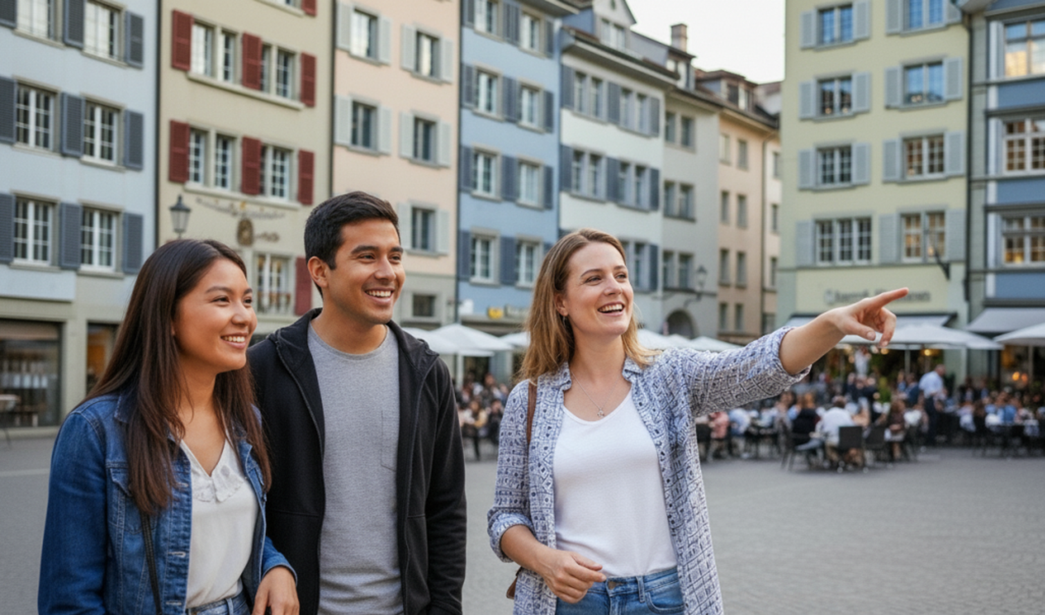 Three people stand in a square with cafes in Zurich's Old Town.