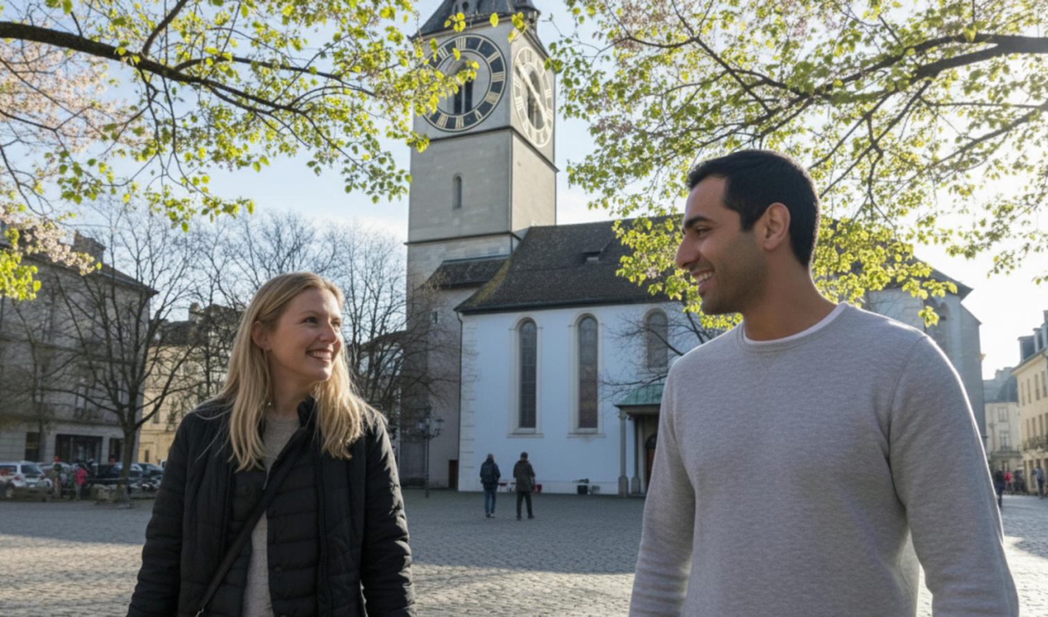 Two people walking near St. Peter's Church in Zurich.