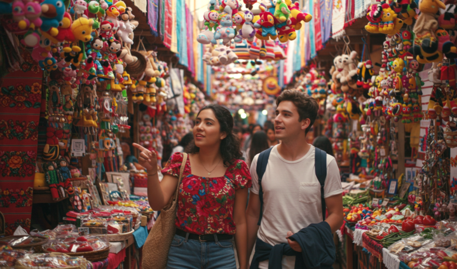 Tourists explore a narrow aisle filled with vibrant merchandise in Oaxaca