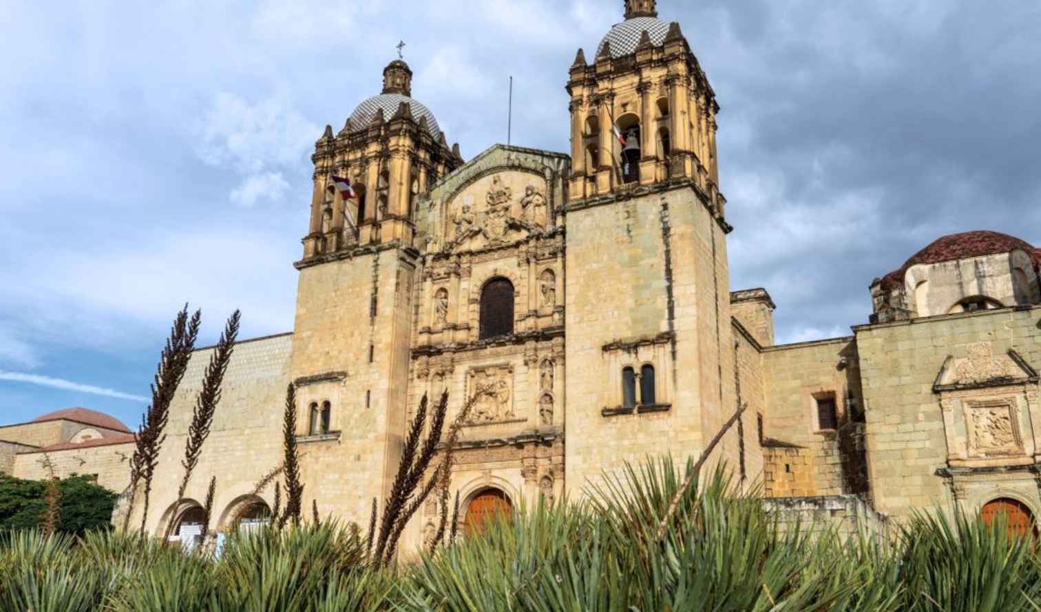 The facade of Santo Domingo de Guzmán, a baroque church in Oaxaca, Mexico.