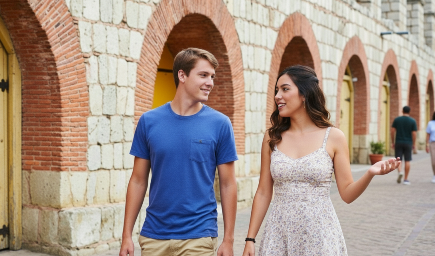 Two people walking past arched brick walls on a cobblestone street in Oaxaca