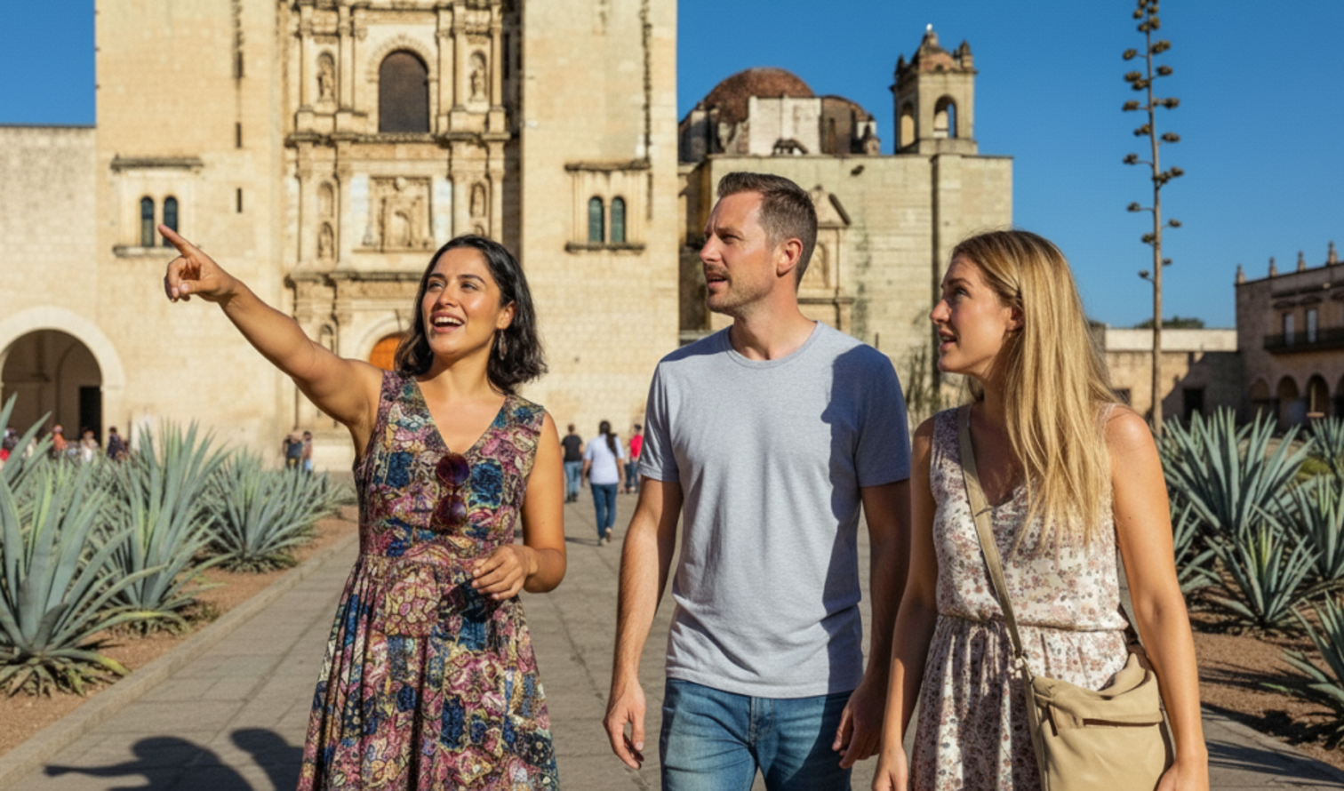 Three people walking outside Santo Domingo Church in Oaxaca, Mexico.