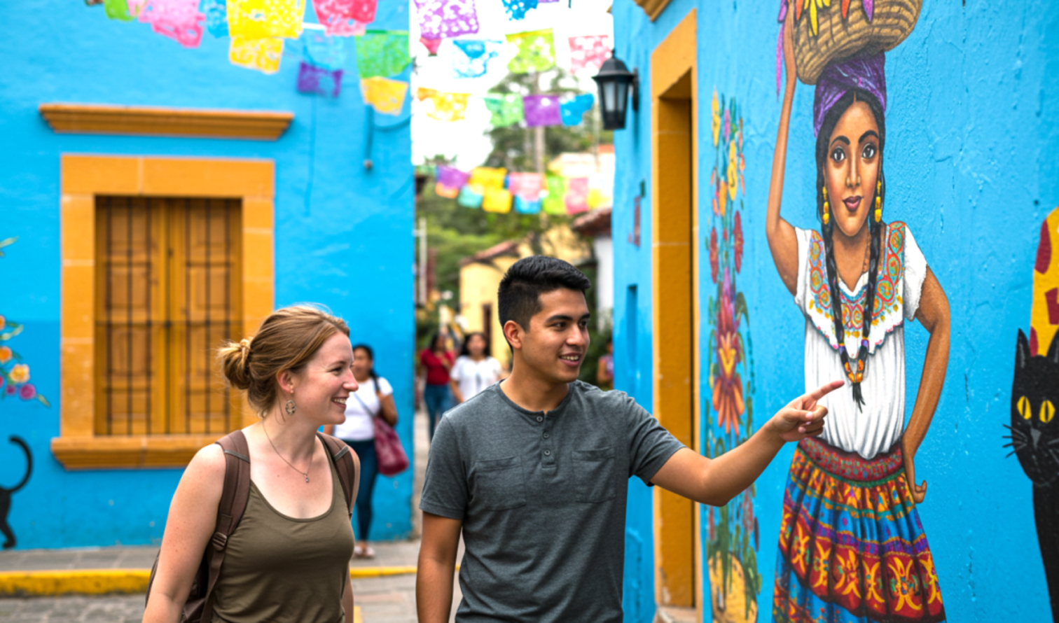 Two people walking past colorful murals in Oaxaca, Mexico.