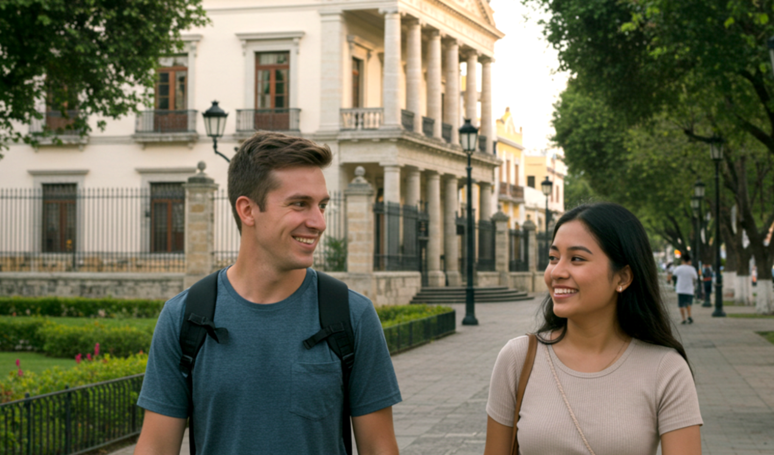 Two people walking together on a path near the Degollado Theater in Merida