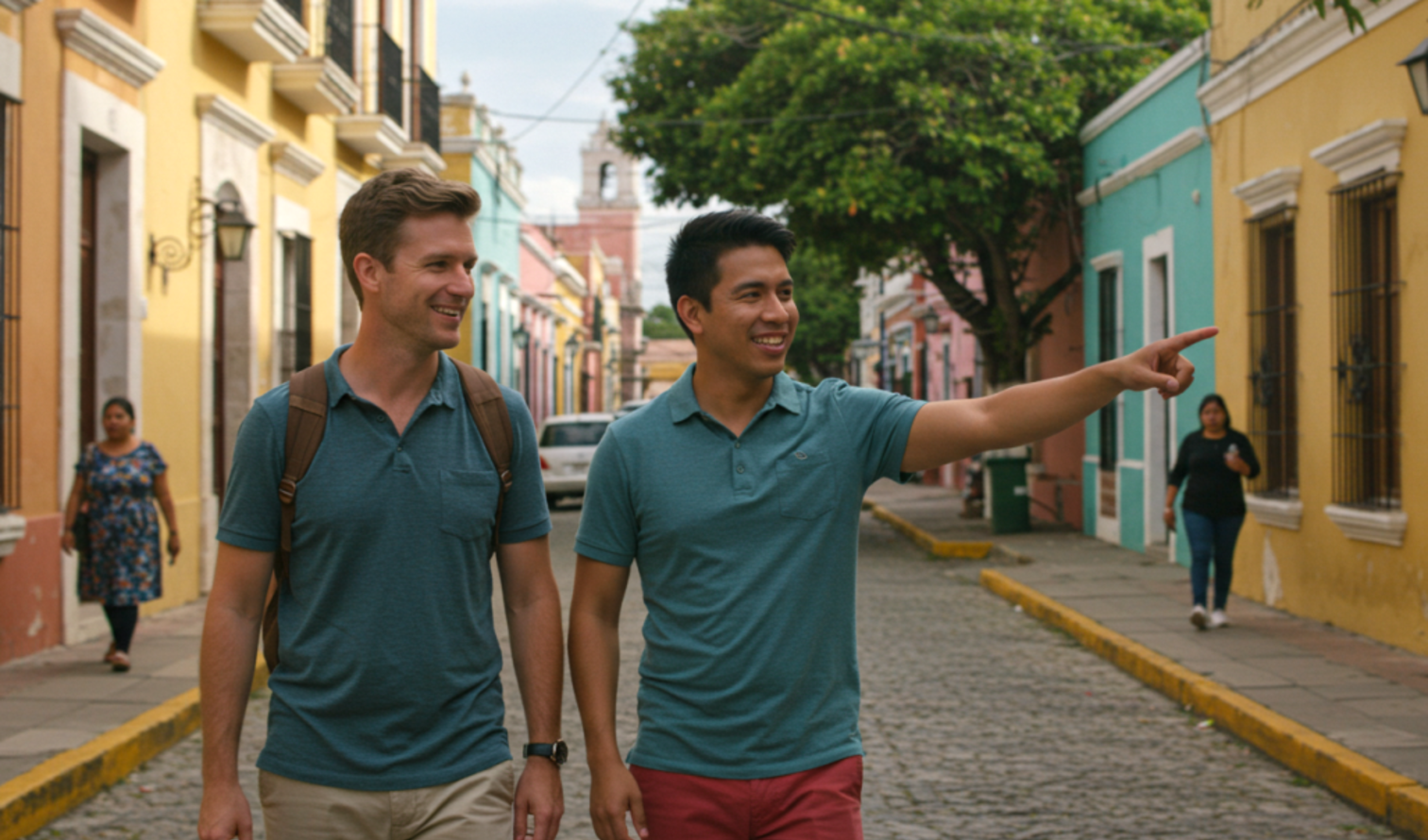 Two men walk down a colorful street with colonial buildings in Mérida, Mexico.