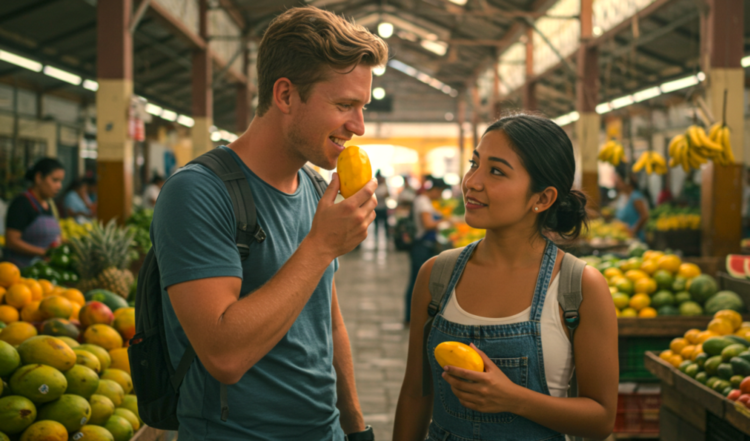 Two people holding mangoes at an indoor fruit market in Merida.
