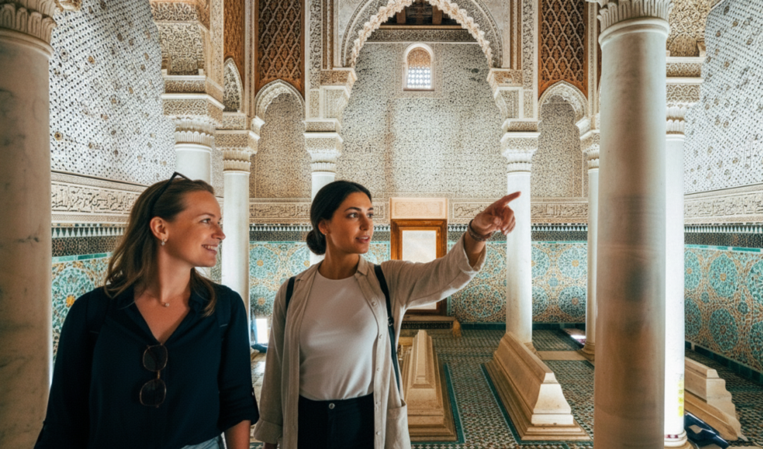 Two tourists examining the mosaic details in the Saadian Tombs, Marrakesh.