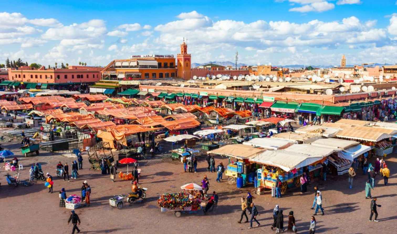 Jemaa el-Fnaa square with market stalls in Marrakesh, Morocco.