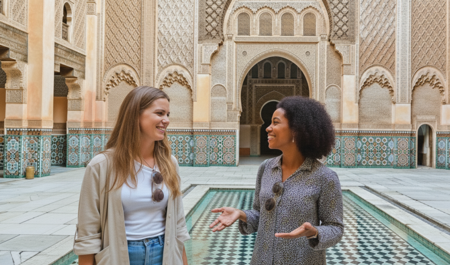 Two women standing in the courtyard of a Moroccan-style building in Marrakech