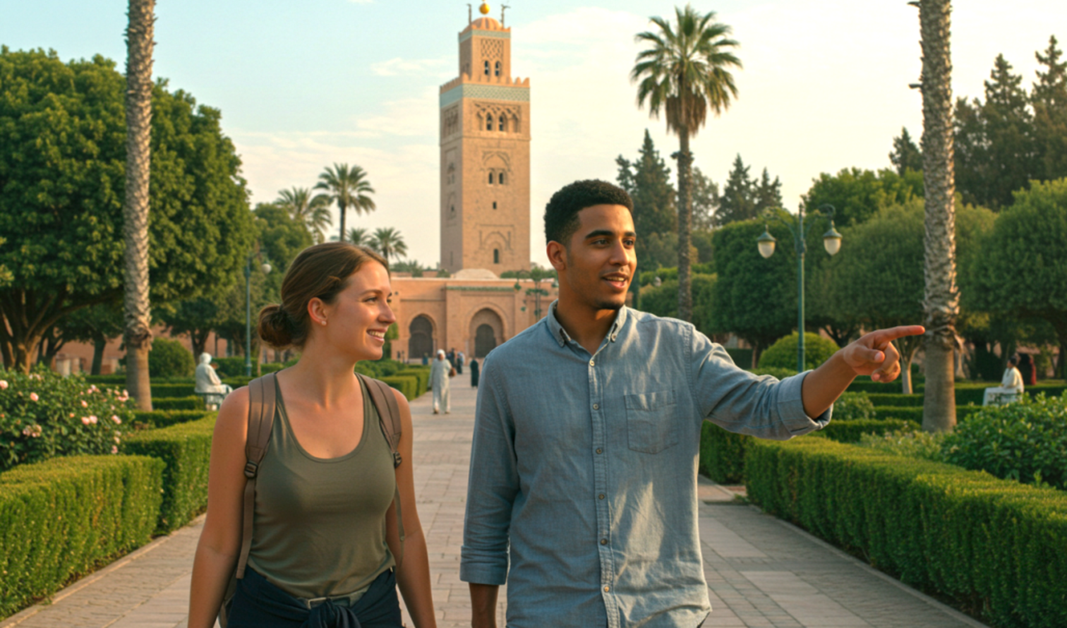 Two people walking in front of Koutoubia Mosque, Marrakech.