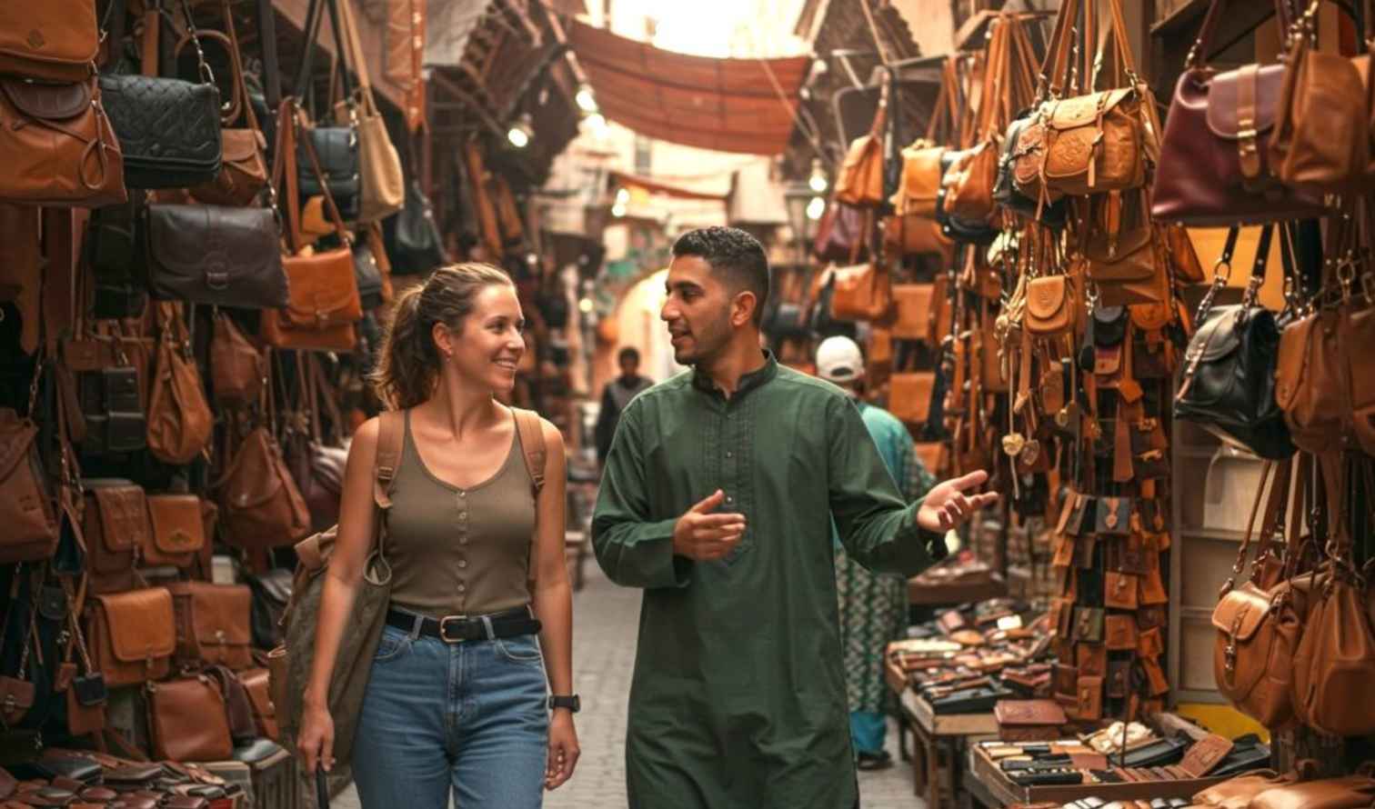 Two people walking in a market with leather goods on display in Marrakech