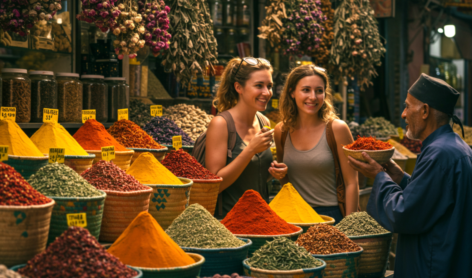 Two women at a spice market stand in Marrakesh, Morocco, speaking with a vendor.