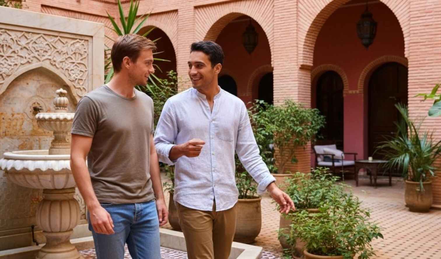 Two men walk near a fountain in a courtyard with arches and plants in Marrakech