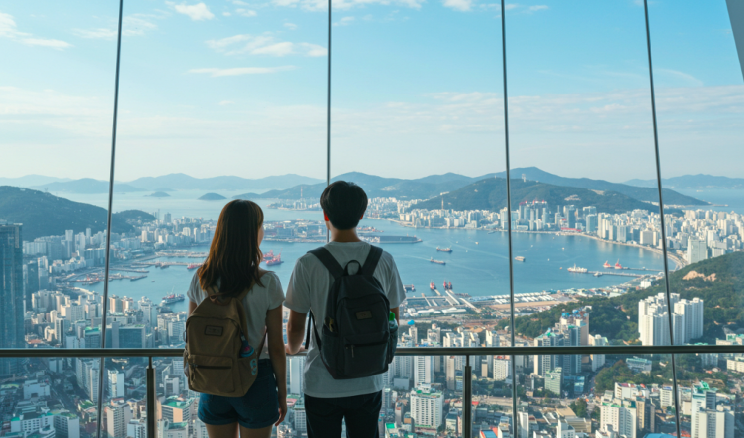 View of Busan cityscape and harbor from an elevated observation deck.