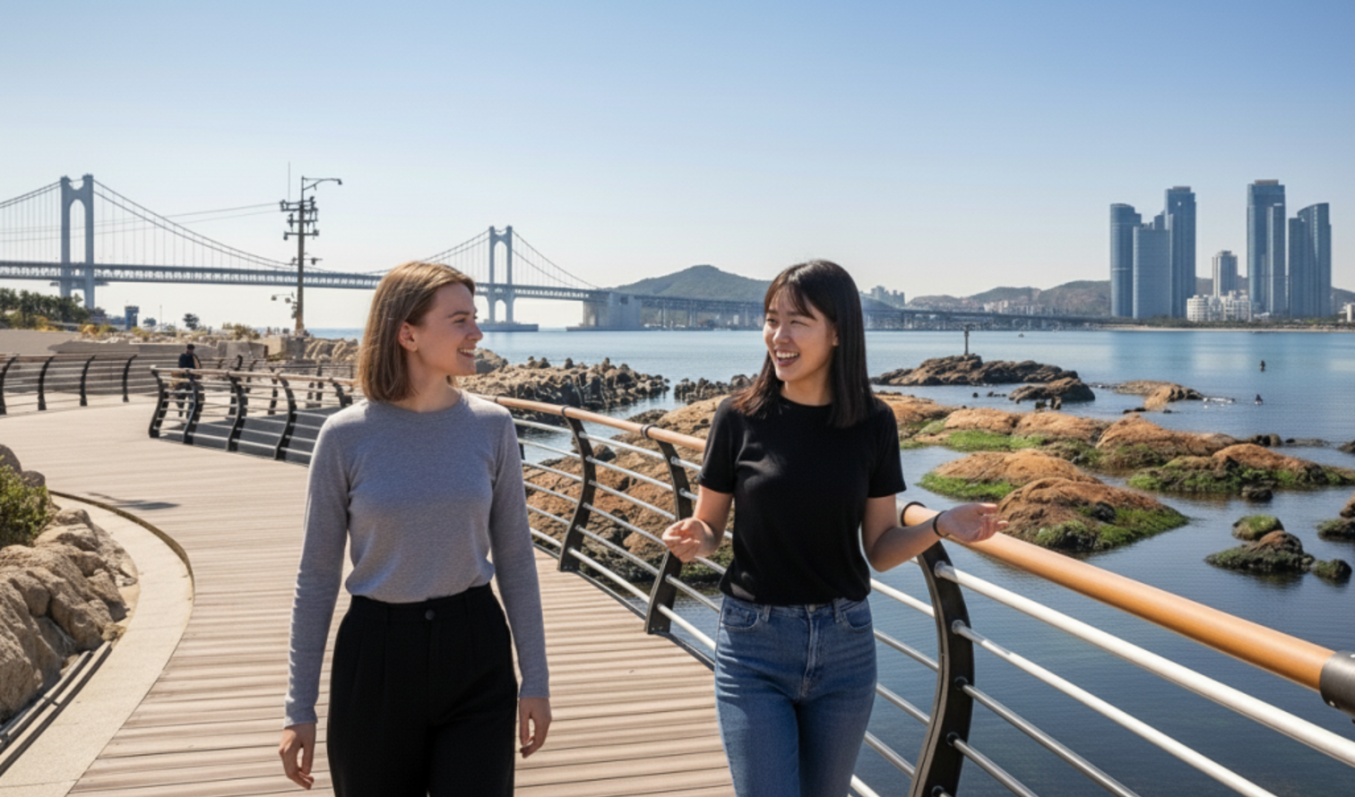 Two people walking on a boardwalk near Gwangandaegyo Bridge in Busan, South Korea.