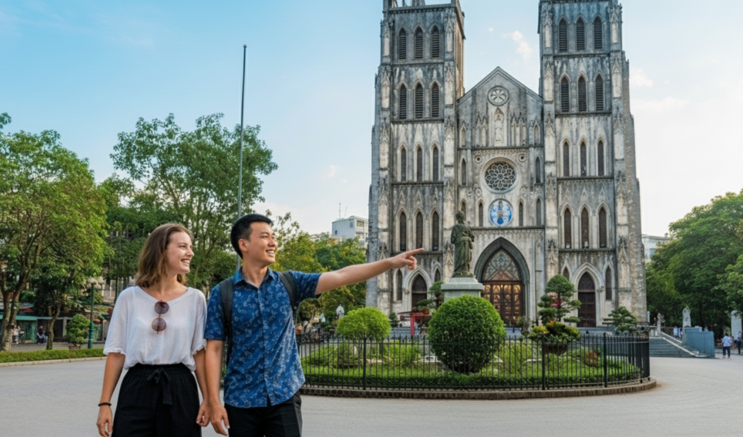 People walking in front of St. Joseph's Cathedral in Hanoi, Vietnam.