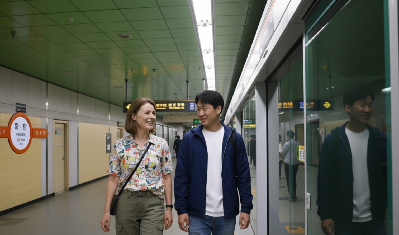 Two people walking in Hadan Station in Busan, South Korea.