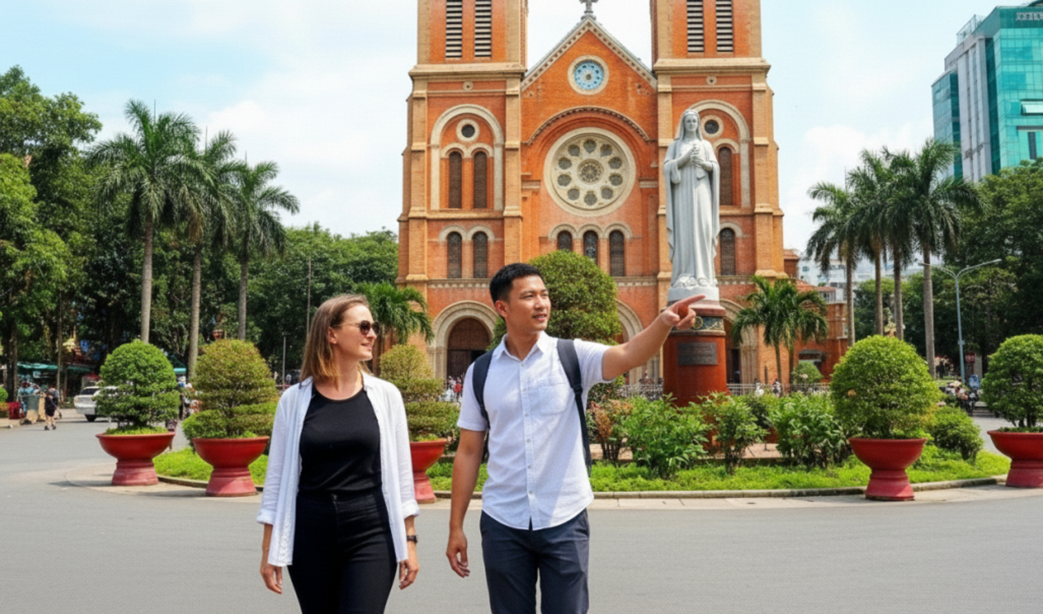 The red-brick facade of Notre-Dame Cathedral with visitors in Ho Chi Minh City.