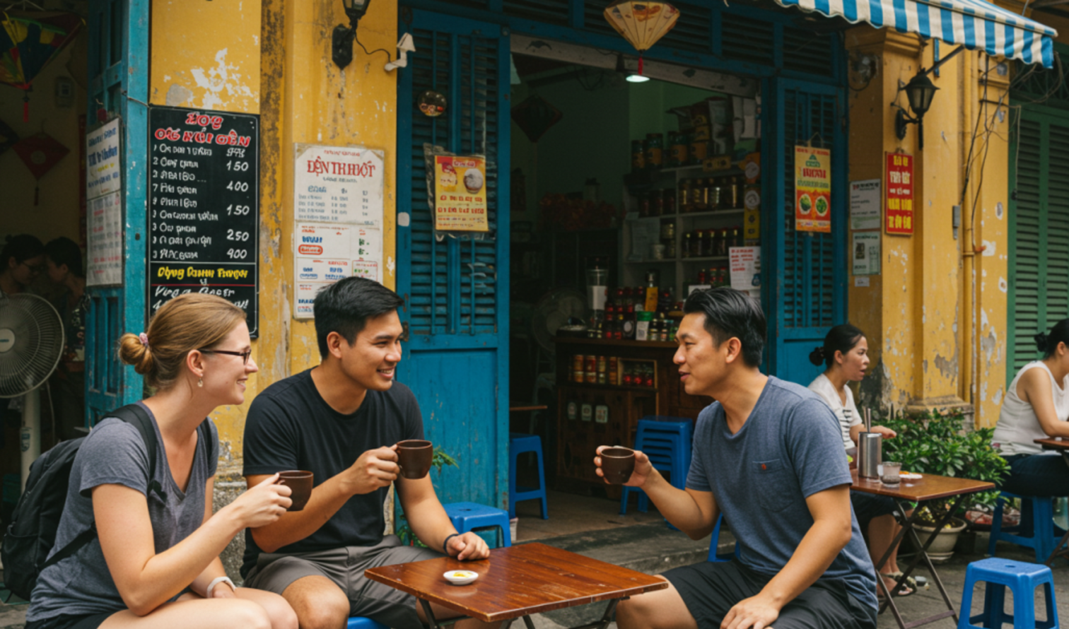 People enjoy coffee at a street cafe in Hoi An, Vietnam.