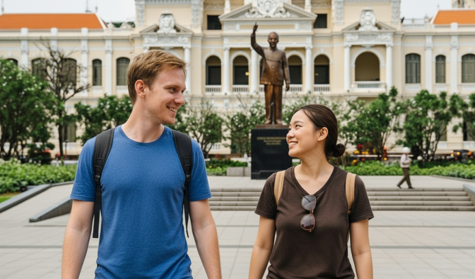 Two people walking in front of Ho Chi Minh City Hall.