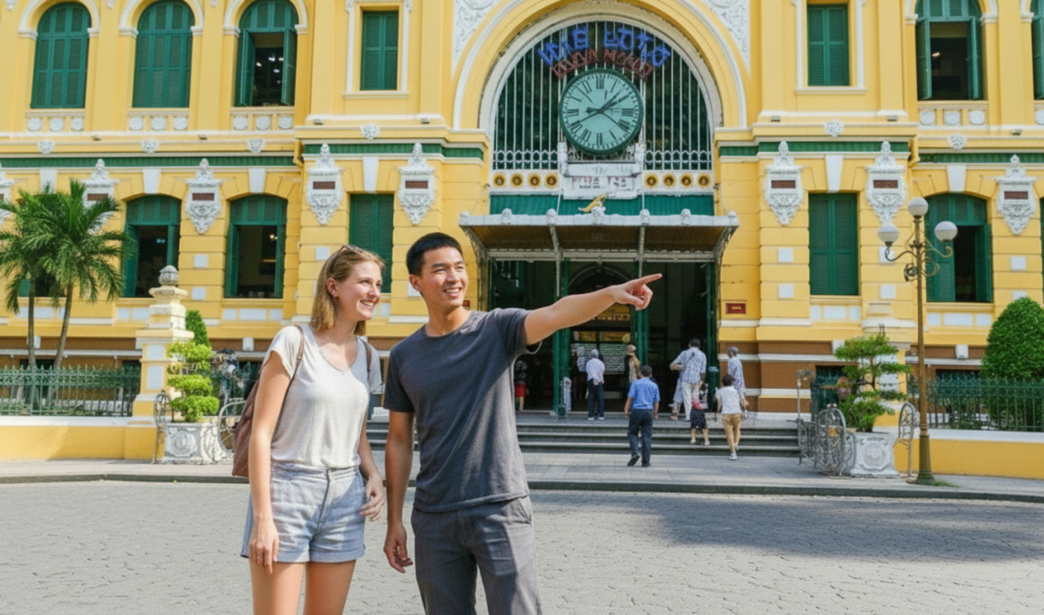 Two people in front of Saigon Central Post Office, Ho Chi Minh City.