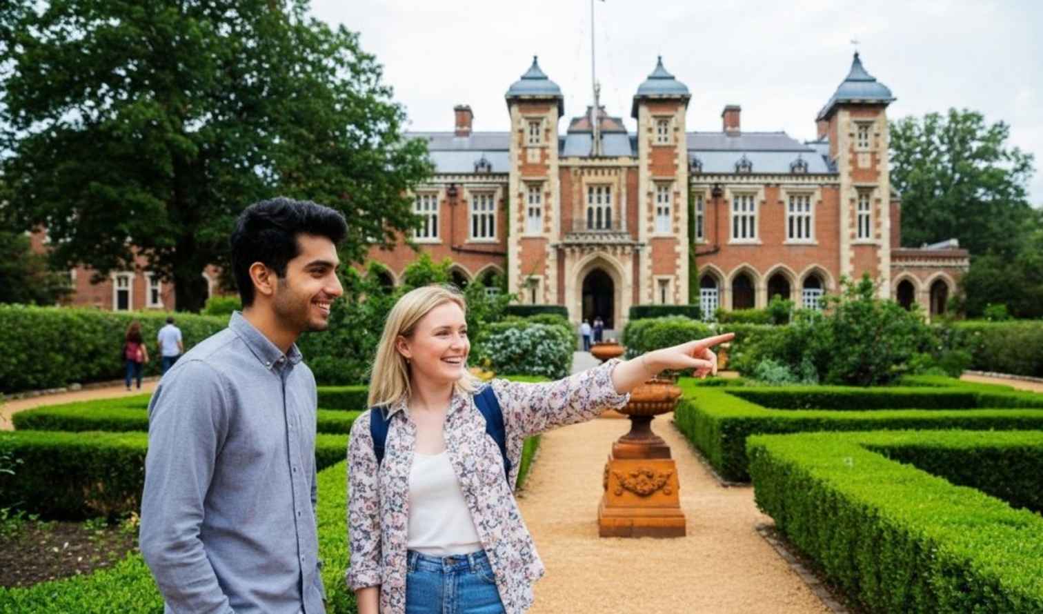 Two people stand in front of Kew Gardens Palm House in Perth.