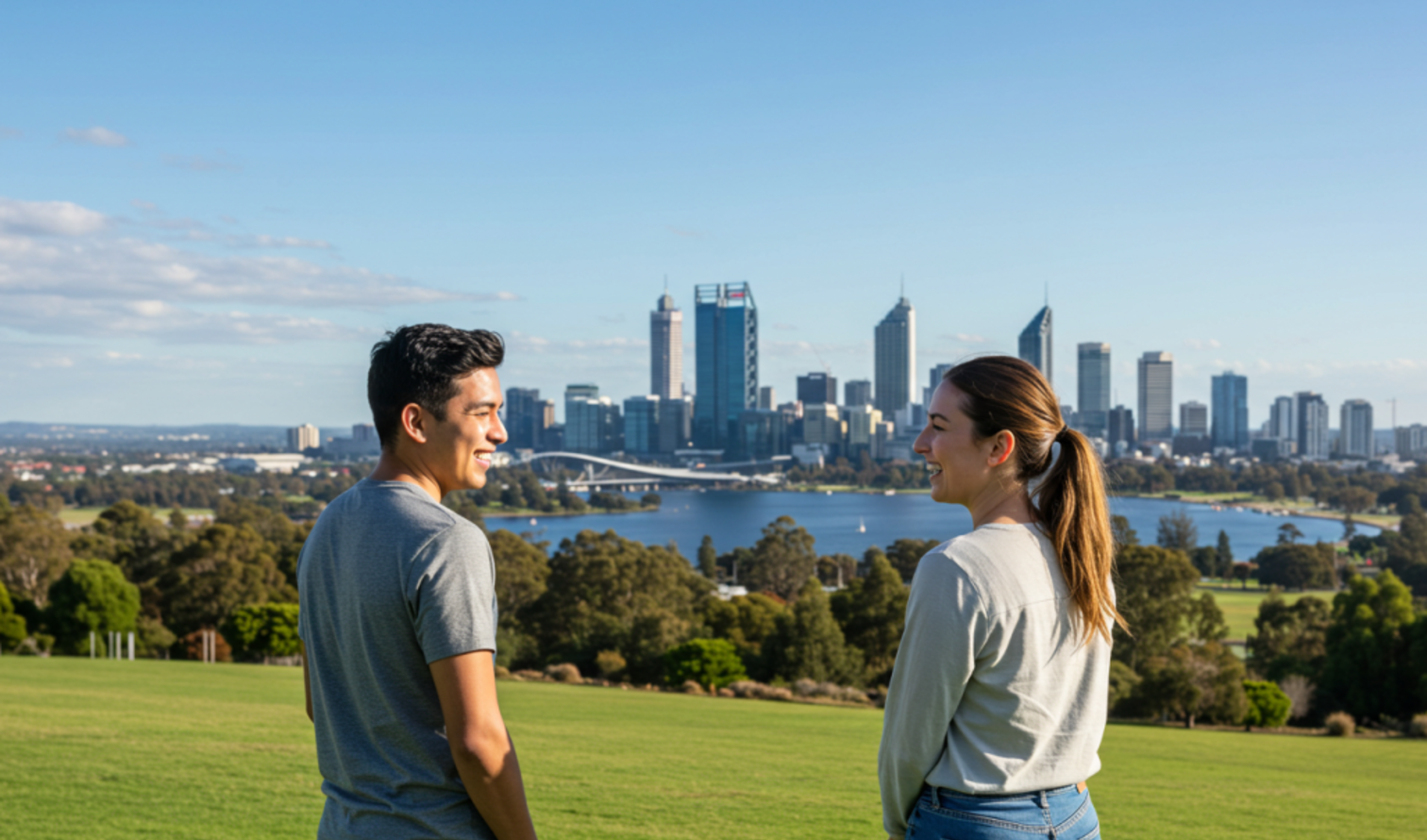 Two people overlooking the Perth city skyline and Swan River.