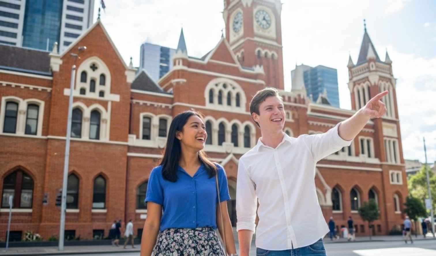 Two people walking outside the Perth Town Hall in Australia.