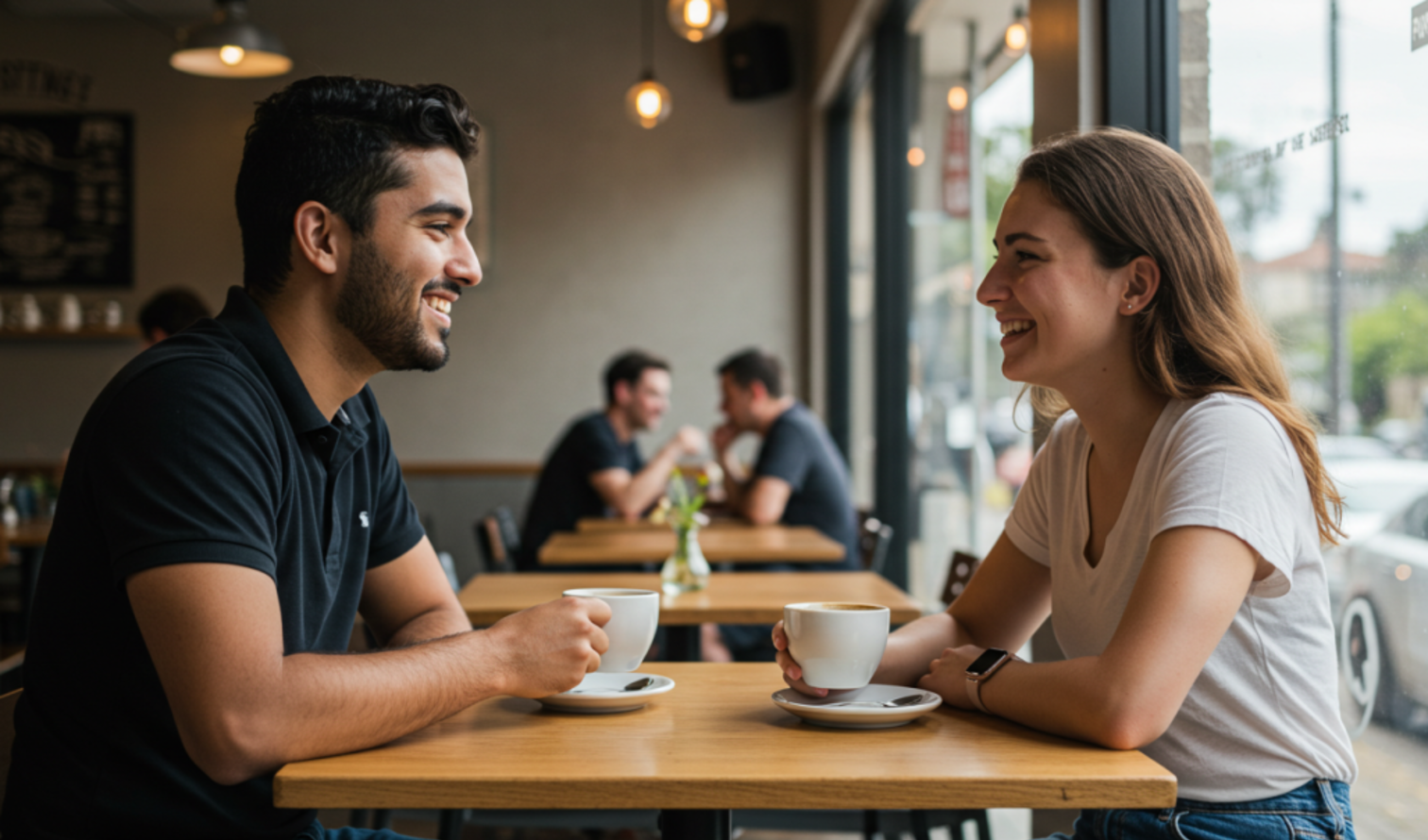 Two people having coffee at a cafe table indoors in Perth.