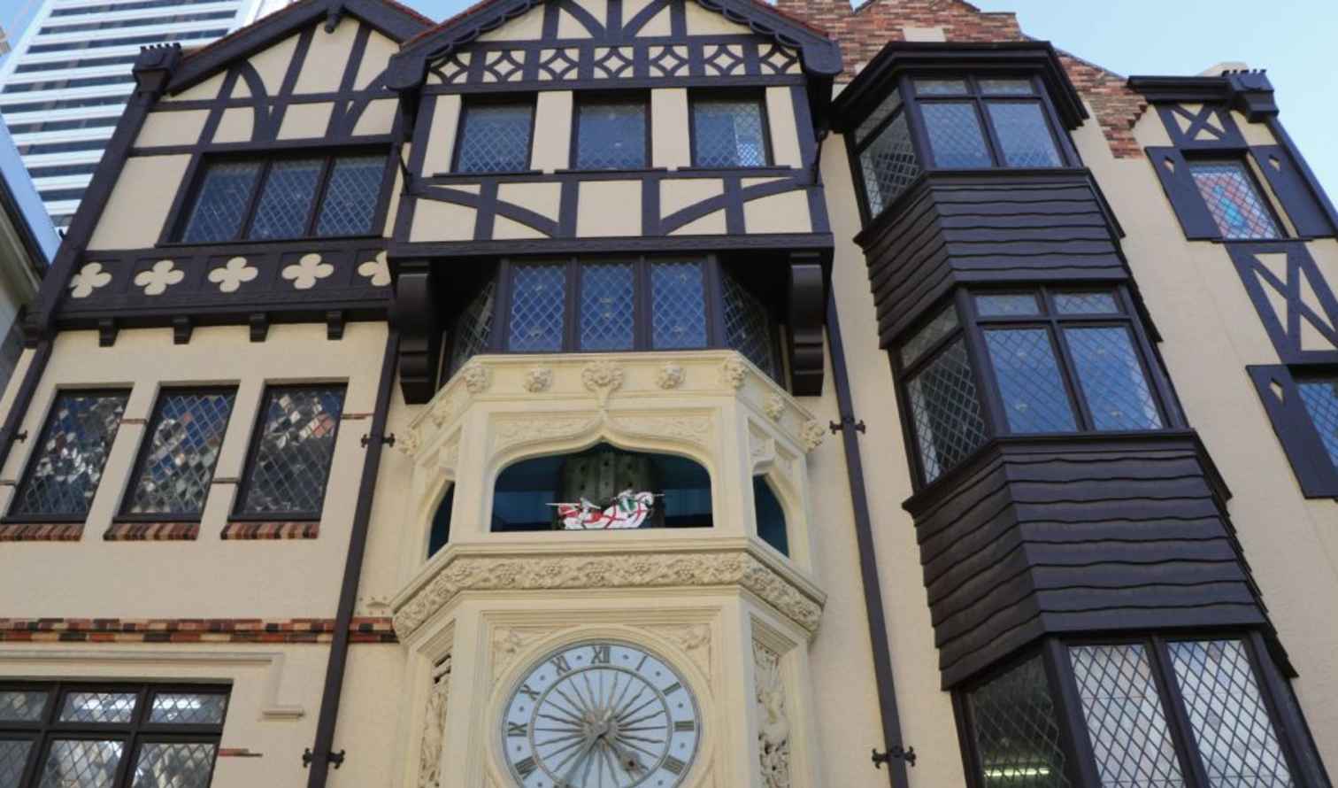 Facade of the historic Royal Arcade clock tower in Perth, Australia.