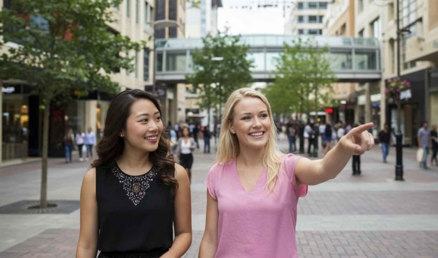 Two women walking on a city street with a glass bridge in the background in Perth