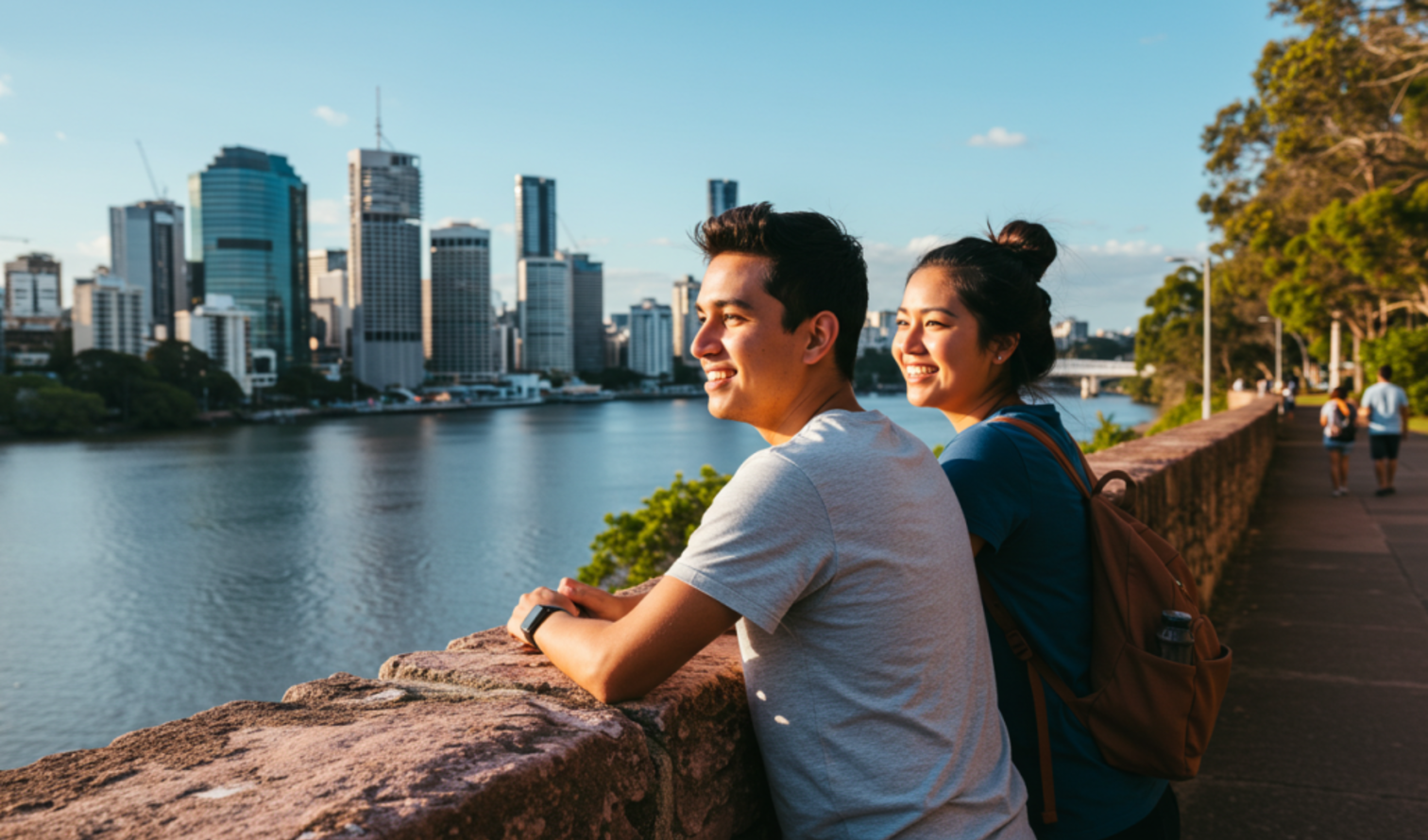 Two people stand by a river with Brisbane city skyline in the background.