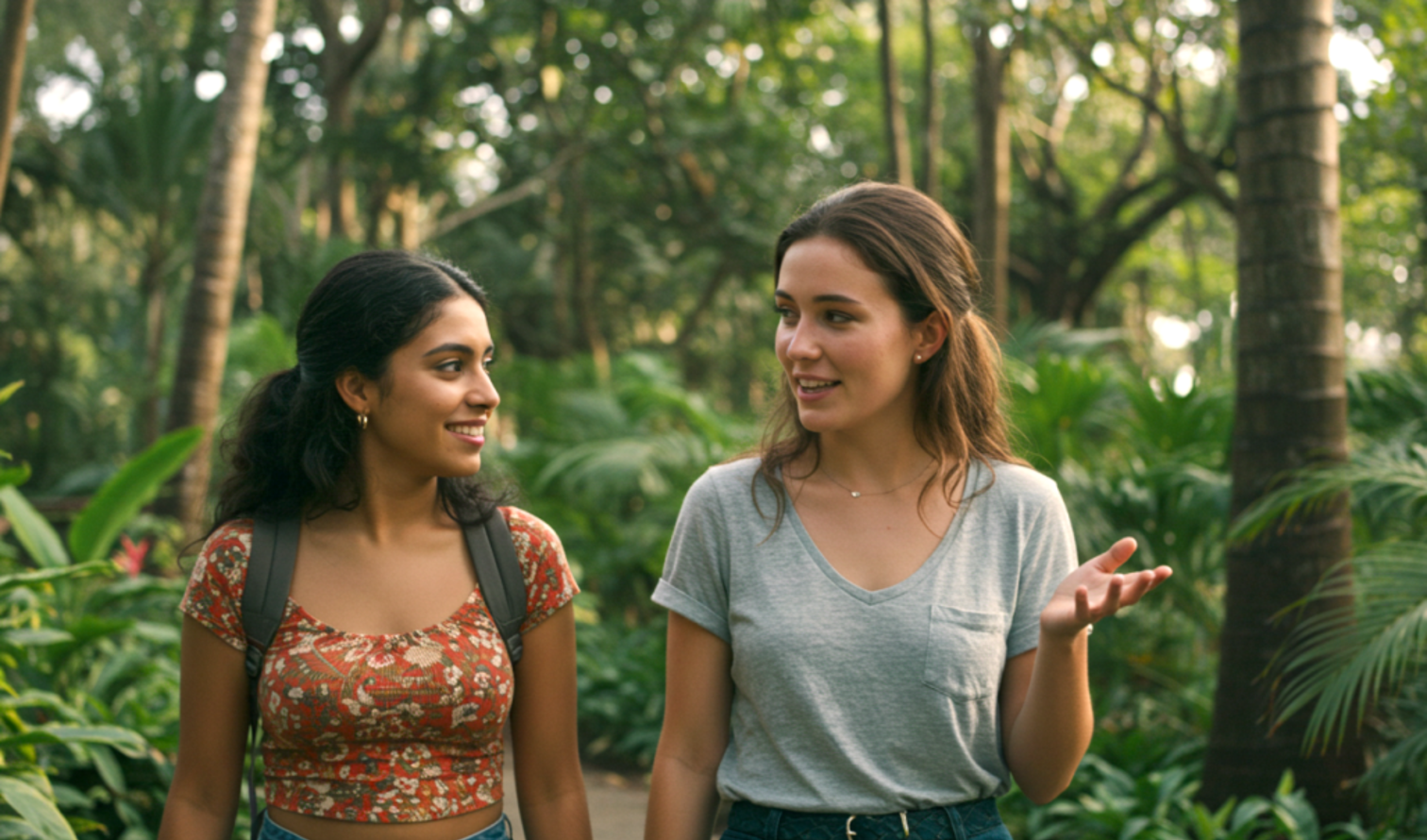 Two women walking along a path in a tropical garden in Brisbane