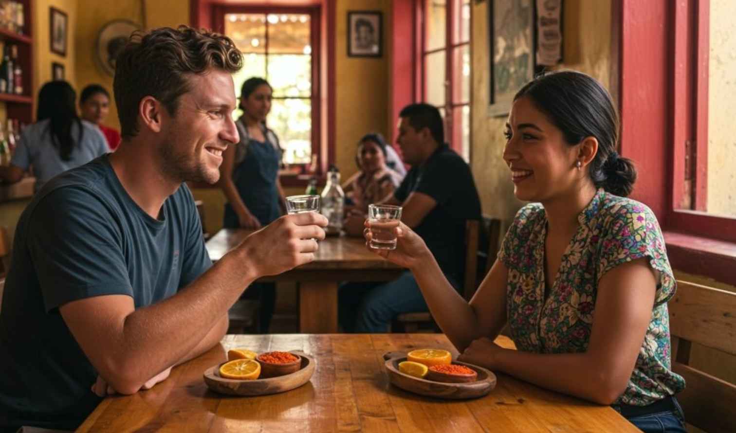 A couple toasting in a cozy restaurant with wooden tables in Oaxaca