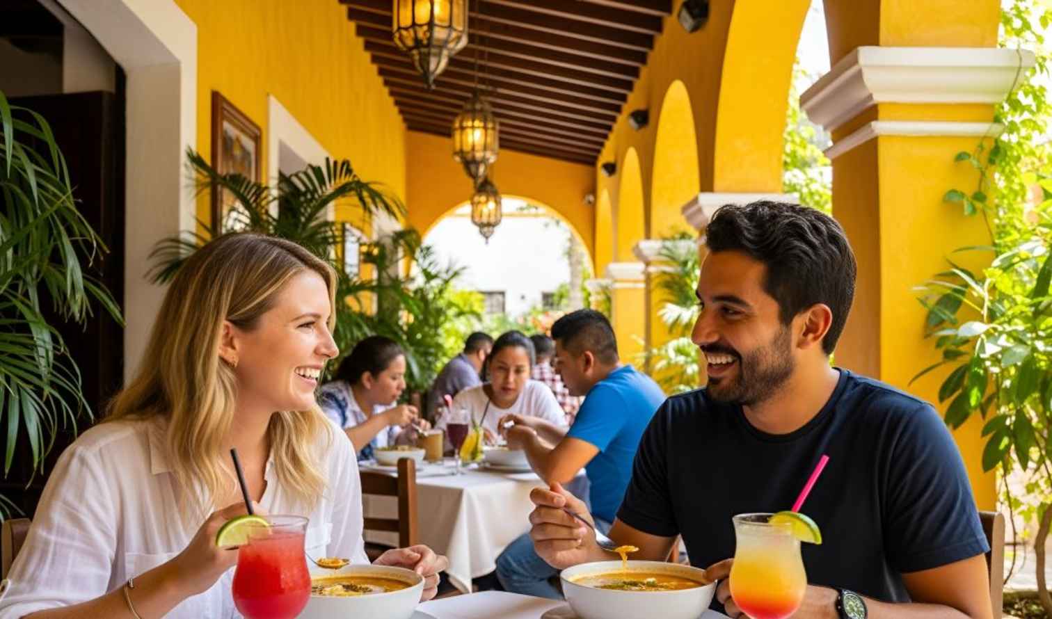 Two people dining at a restaurant with yellow arches in Merida