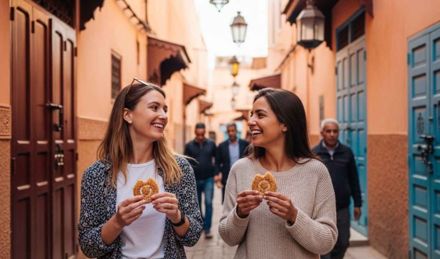 Two women holding pastries on a narrow street in Marrakech, Morocco.