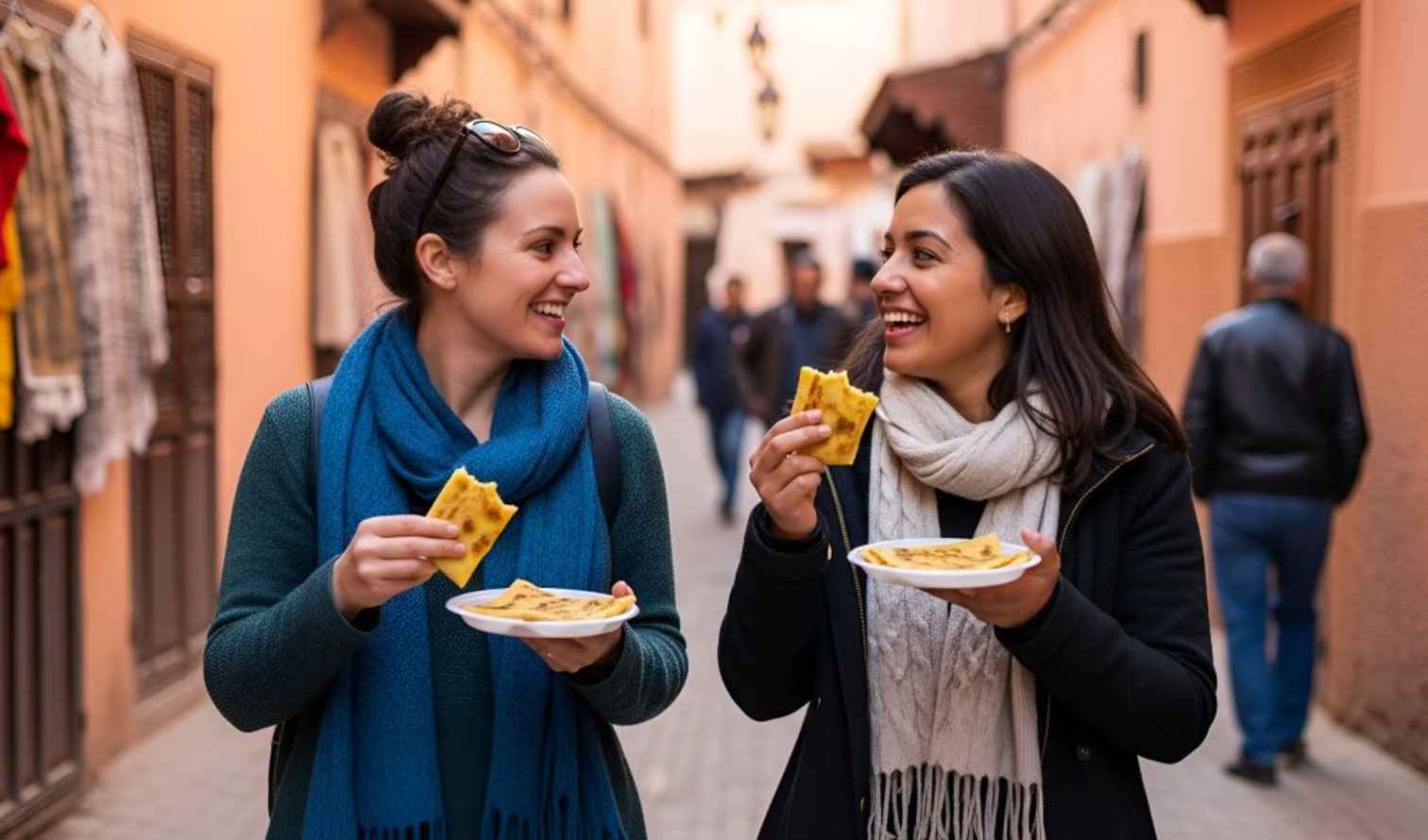 Two women eating flatbread in a narrow street in Marrakesh, Morocco.