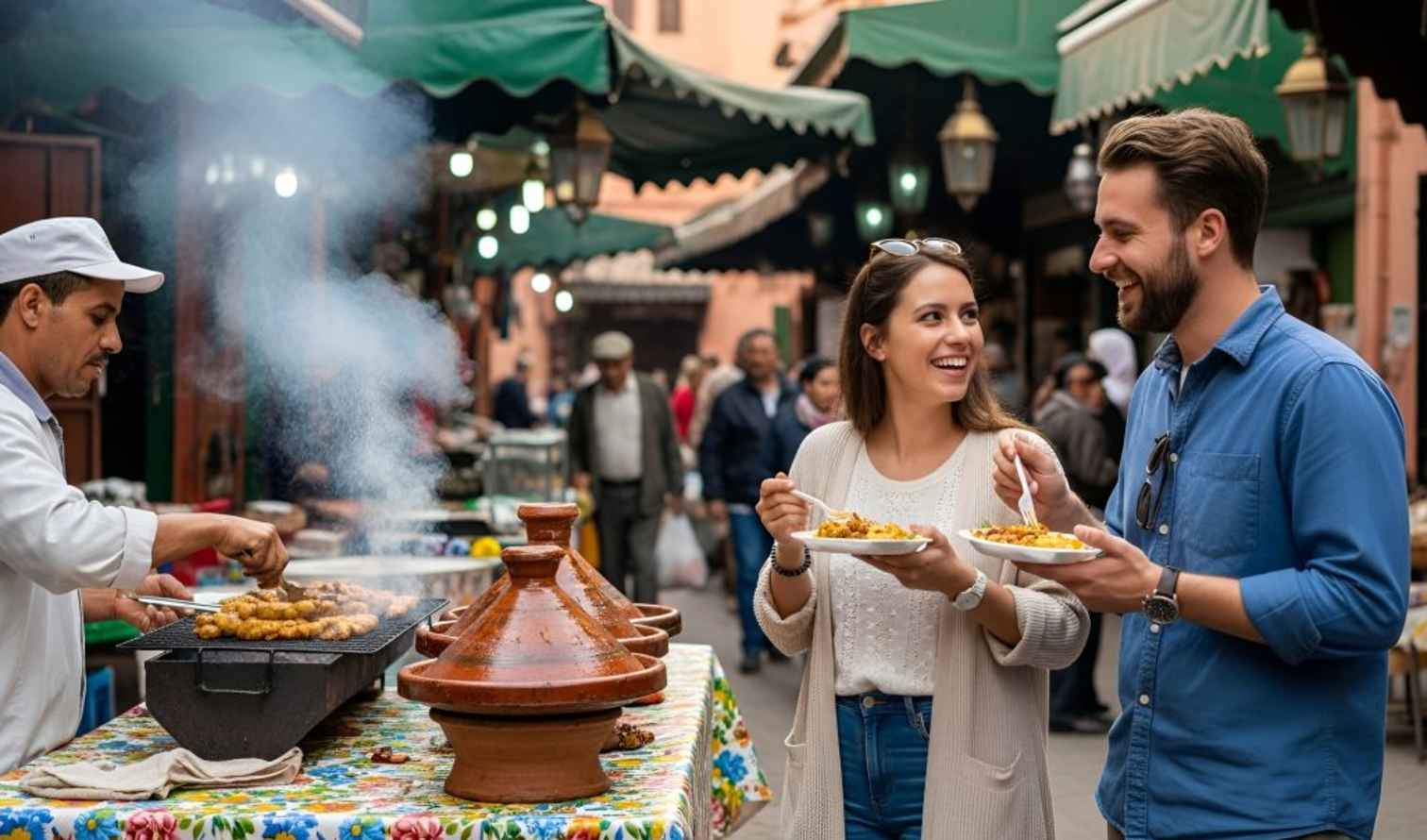 People eating at street food stall in Jemaa El-Fnaa, Marrakech.