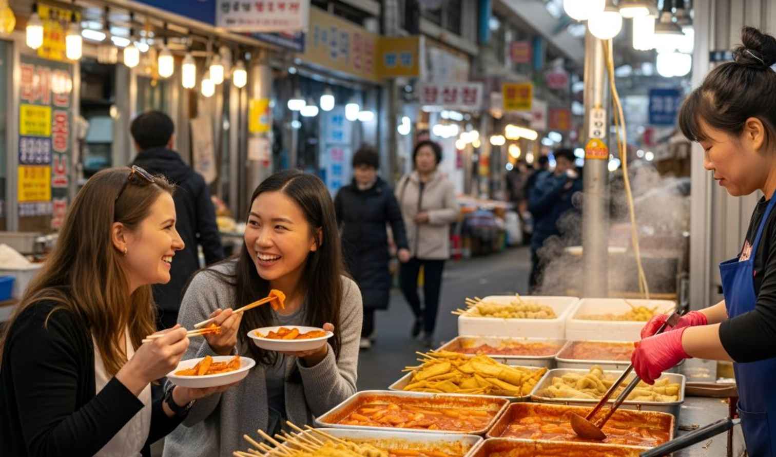 Street food stall with tteokbokki and customers in Busan