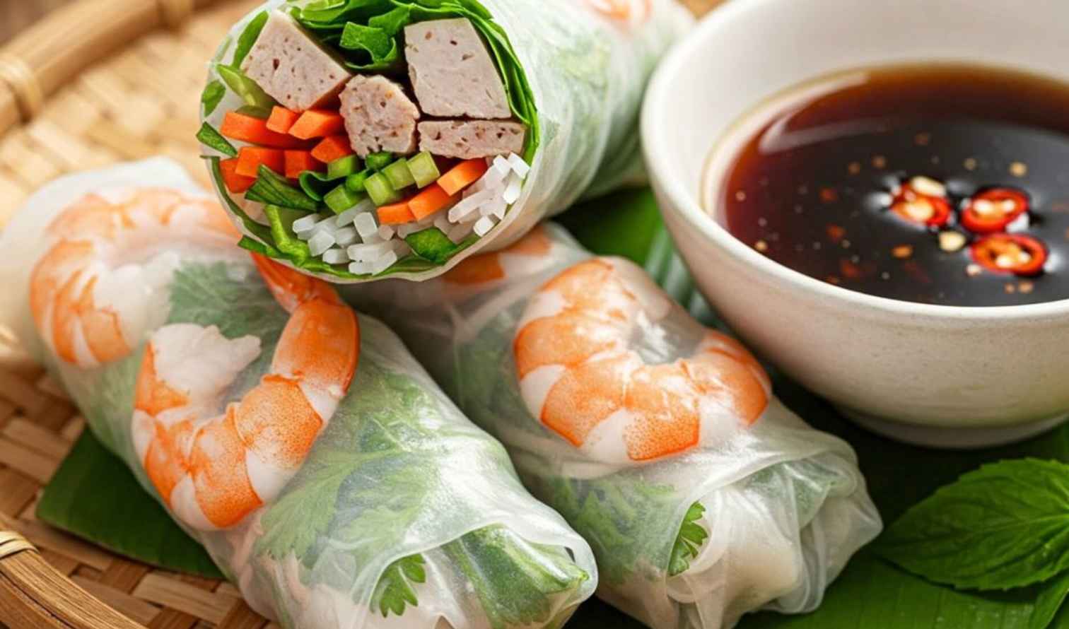 Close-up of shrimp and vegetable-stuffed Vietnamese spring rolls with sauce in Hanoi.