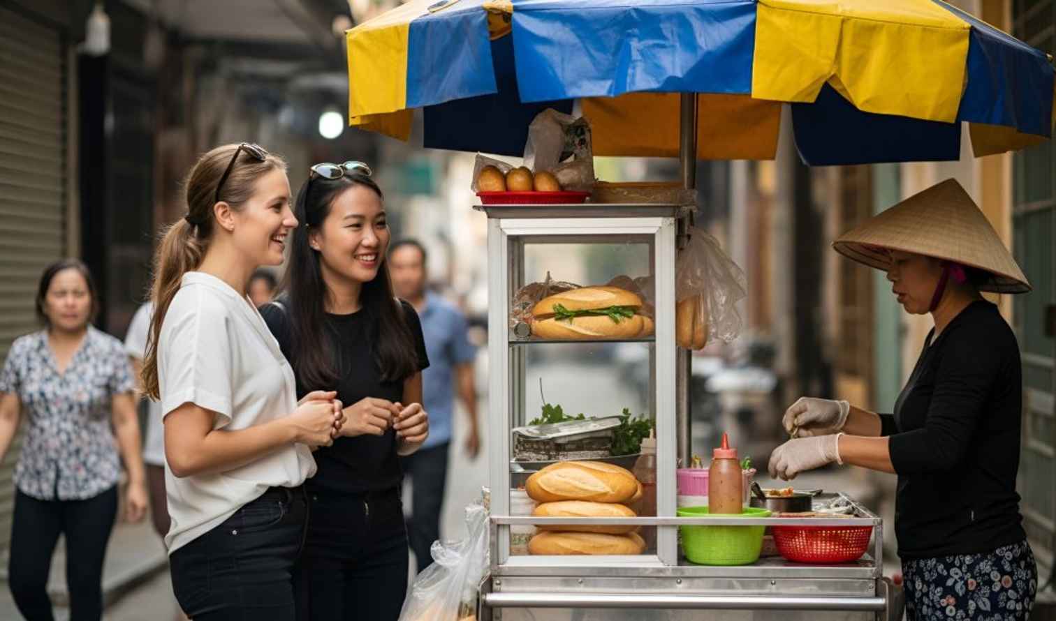 Street vendor selling banh mi on a narrow Hanoi alley.