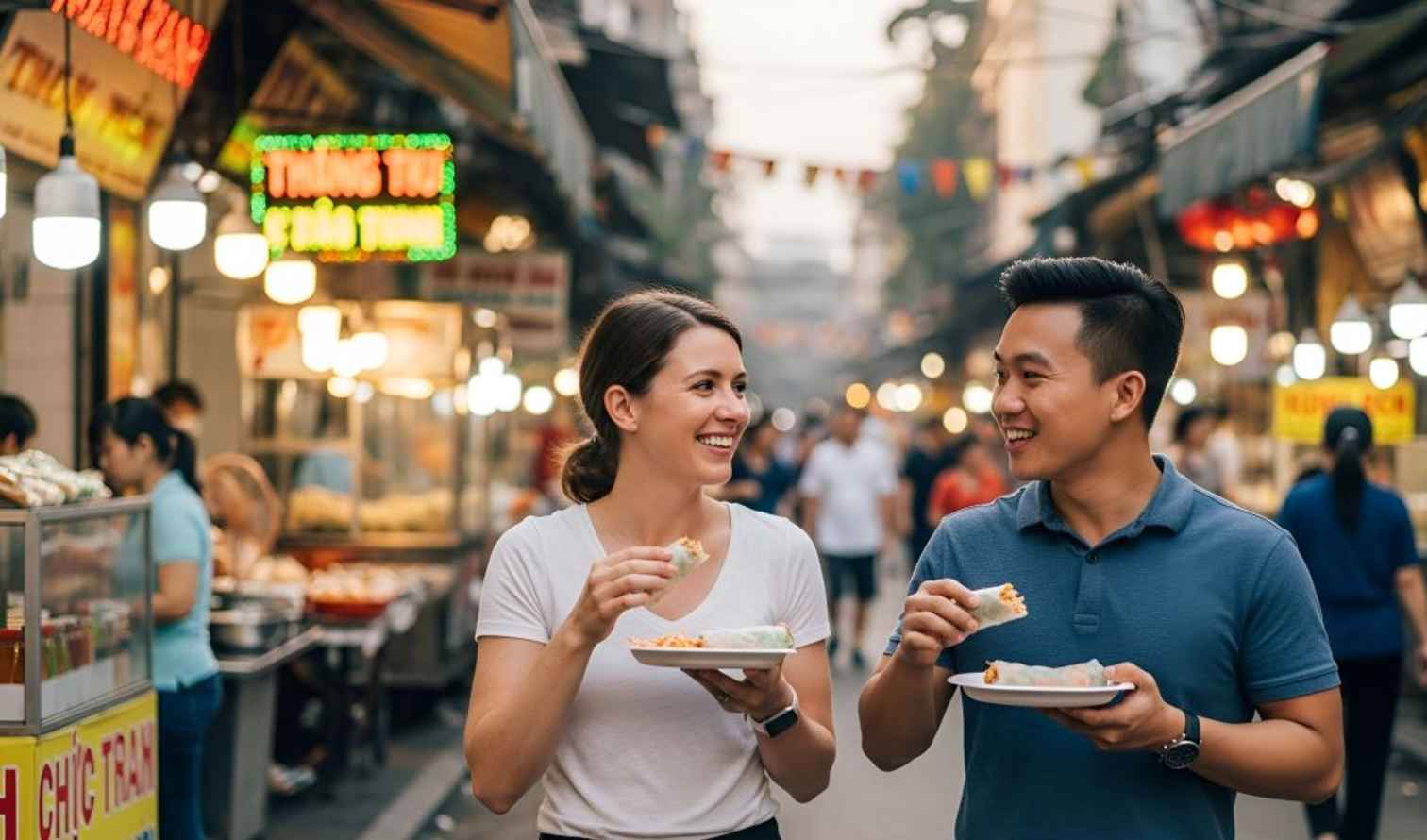 Two people eating street food in a busy Vietnamese market in Hanoi