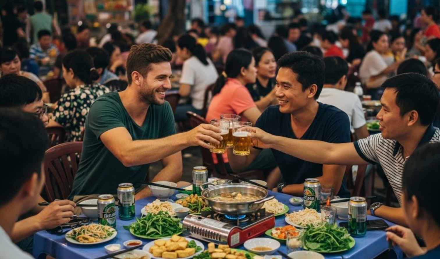 Group of friends toasting with drinks at an outdoor restaurant in Hanoi