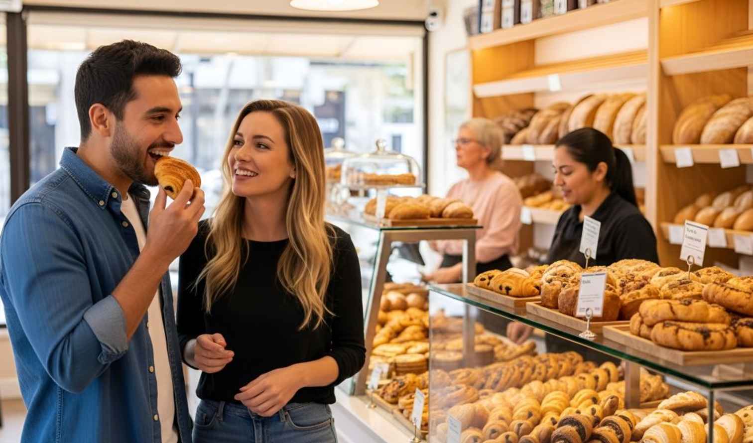 Two people standing in a bakery eating baked goods in Perth.