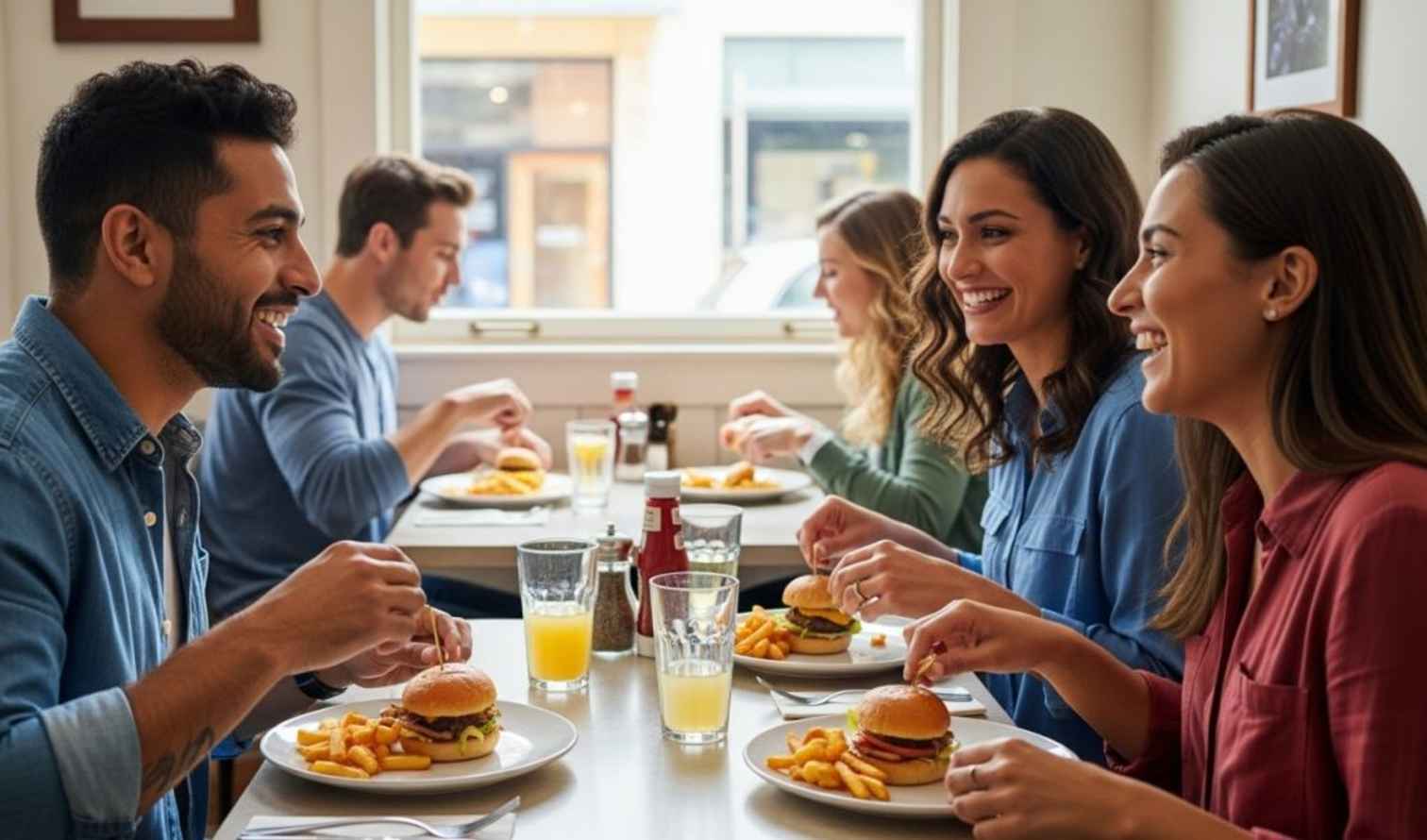 People dining at a restaurant table with burgers and fries in Perth.