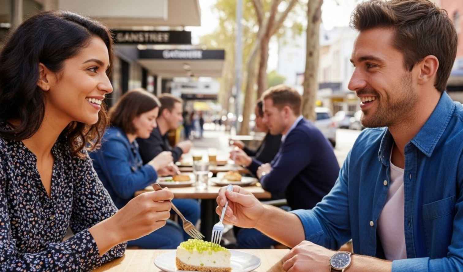 Two people eating dessert at an outdoor cafe on Main Street in Perth.