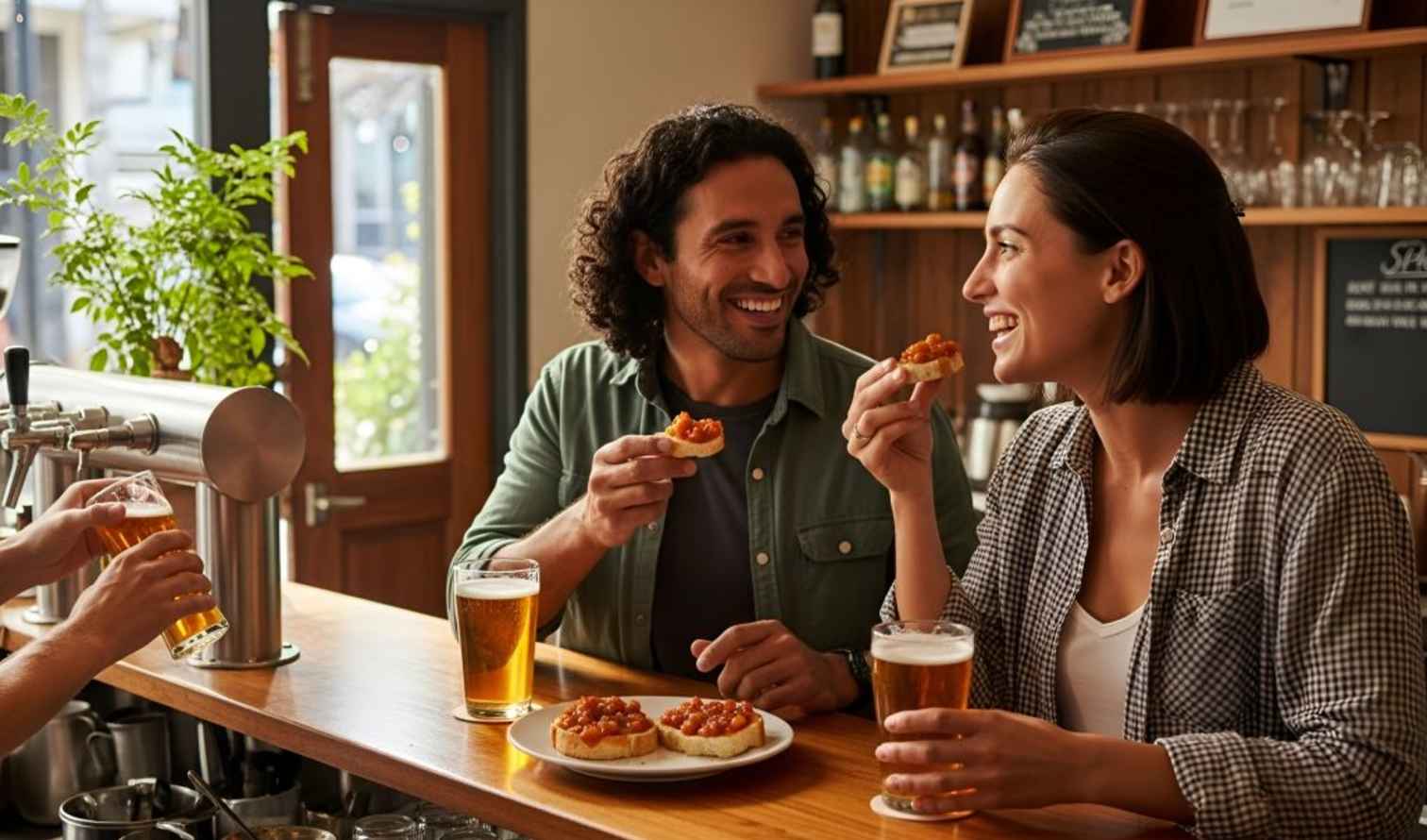 Two people eating bruschetta and drinking beer at a bar counter in Brisbane