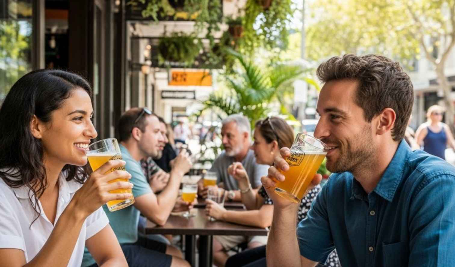 People enjoying drinks at an outdoor café in Brisbane, Australia.